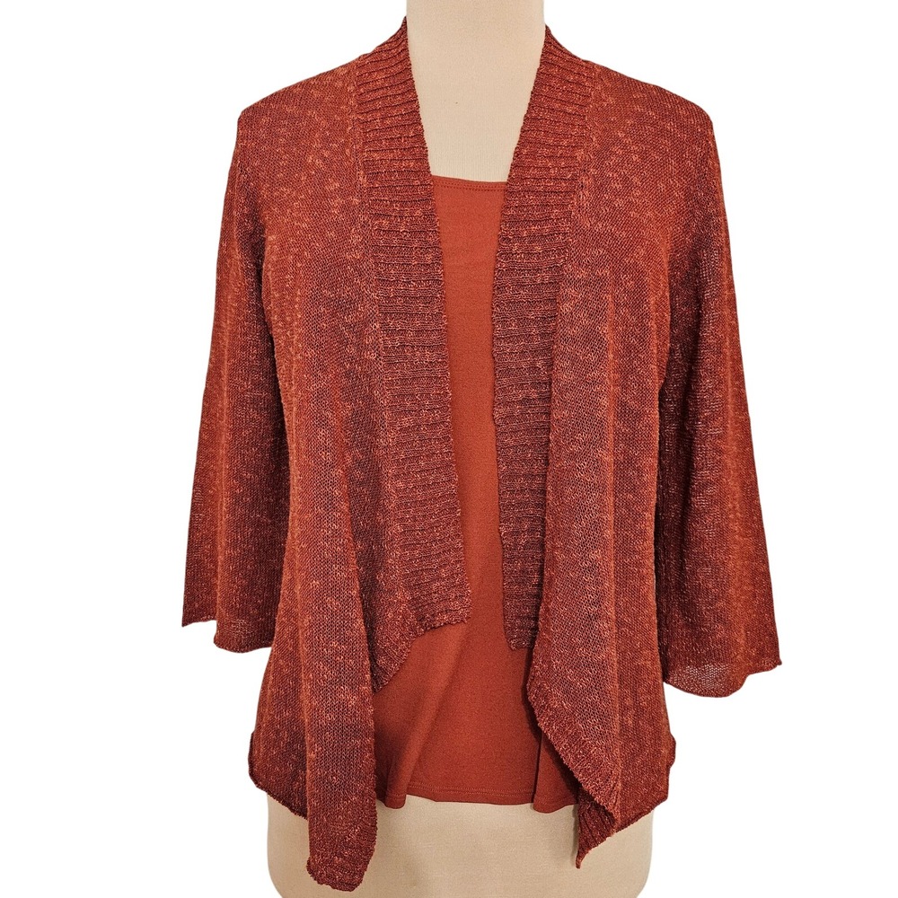 Eileen Fisher Womens Rust Linen Blend Cardigan & Silk Tank Twin Set Size M